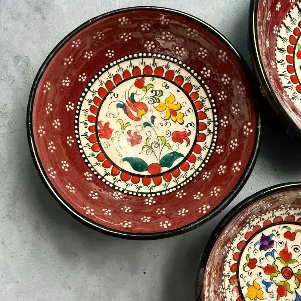 Nimet Handmade Hand Painted Turkish Bowl Set of 4 Red Floral Pottery